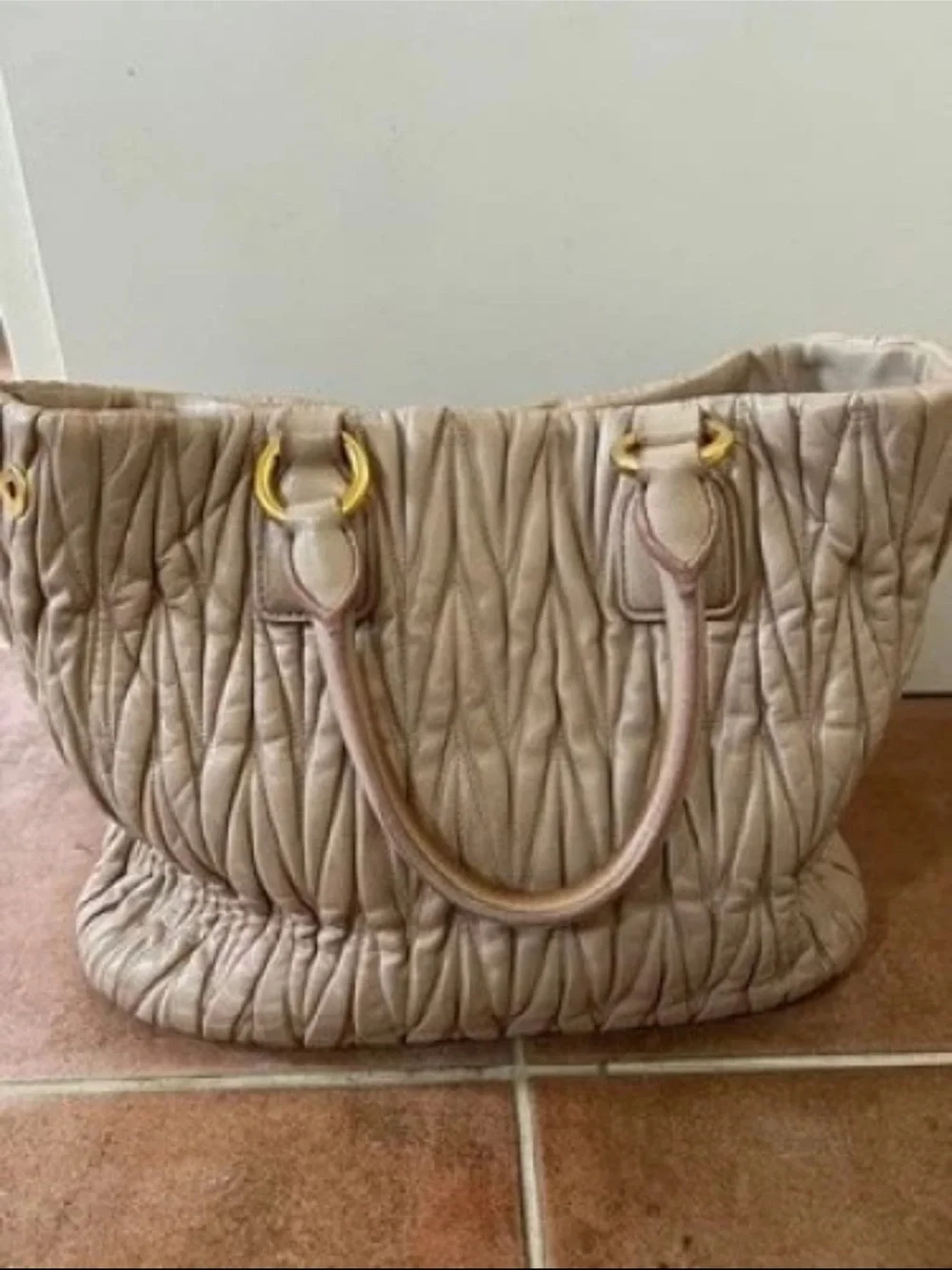 Miu Miu Cream Quilted Ruched Leather Tote with Gold Hardware